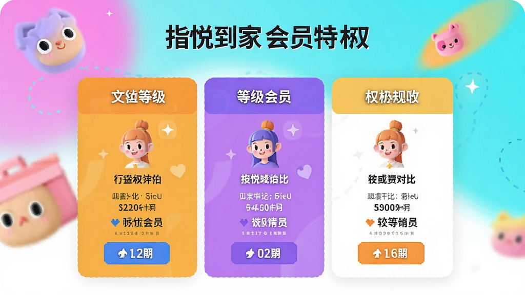 指悦到家会员特权页面,展示不同等级会员的权益对比,设计时尚,色彩鲜明,风格年轻化,画质干净无多余元素