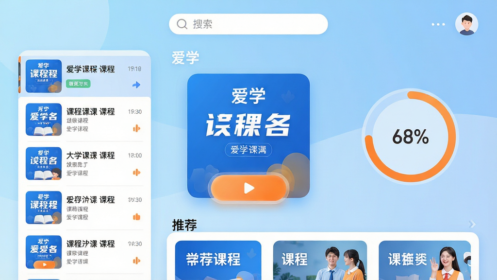 主体:爱学App主界面展示,中央为课程封面与播放按钮,背景为浅蓝渐变,顶部有搜索栏与用户头像。布局:采用居中对称构图,左侧为课程列表缩略图,右侧为学习进度环形图,下方为推荐课程卡片。排版:界面字体为无衬线体,标题加粗,信息层级分明,留白充足。风格:现代扁平化设计,色彩明亮清新,主色调为蓝色与白色,辅以橙色点缀。细节:屏幕中显示“爱学”字样与课程名称,播放按钮带微光效果,进度环显示“68%”。画质:高清,干净,无多余元素。