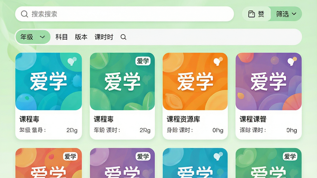 主体:爱学App课程资源库页面,按学科分类展示课程封面图。布局:顶部为搜索框与筛选栏,下方为瀑布流卡片式课程列表,每个卡片包含封面、标题与课时数。排版:卡片等距排列,标题左对齐,封面图统一尺寸,整体整洁有序。风格:清新自然,背景为浅绿色,封面图色彩丰富,图标圆润。细节:封面图上标注“爱学”Logo,筛选栏包含“年级”“科目”“版本”等选项。画质:高清,干净,无多余元素。