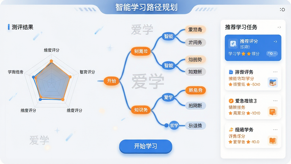 主体:爱学App的智能学习路径规划界面,中央为分支状知识图谱,节点标注各知识点名称。布局:左侧为测评结果雷达图,右侧为推荐学习任务列表,底部为“开始学习”按钮。排版:信息层级清晰,节点间用连线表示逻辑关系,推荐任务以卡片式排列。风格:科技感与教育感结合,背景为浅灰白,主色为蓝色,节点高亮为橙色。细节:图谱上标注“爱学”水印,雷达图显示各维度评分,按钮带有阴影效果。画质:高清,干净,无多余元素。