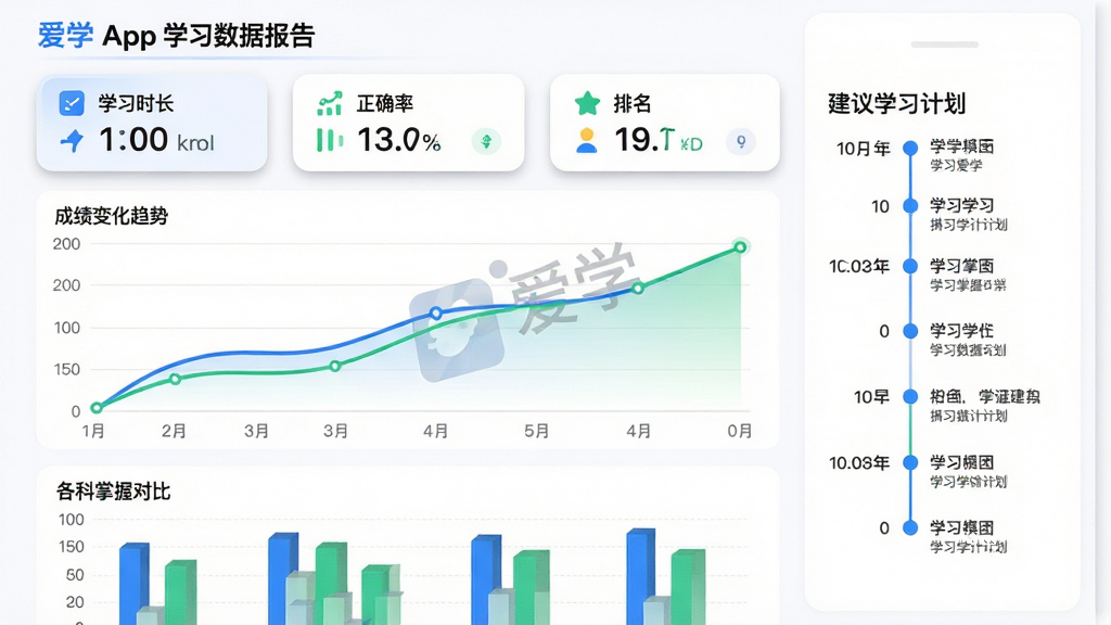 主体:爱学App学习数据报告页面,中央为折线图展示成绩变化趋势。布局:上方为统计卡片(学习时长、正确率、排名),下方为柱状图对比各科掌握度,右侧为建议学习计划。排版:图表元素清晰,标签文字易读,背景为白色,主色为蓝色与绿色。细节:折线图标注“爱学”水印,统计卡片带有圆角阴影,建议计划以时间轴形式呈现。画质:高清,干净,无多余元素。
