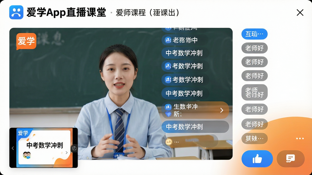主体:爱学App直播课堂界面,中央为授课老师视频画面,右侧为实时弹幕与互动区。布局:顶部为课程标题与老师信息,左下角为课件展示区,右下角为点赞与连麦按钮。排版:视频画面占主要面积,弹幕从右向左滚动,互动区为纵向列表。风格:活泼明快,背景为白色,主色为蓝橙渐变,弹幕字体清晰。细节:视频画面显示“爱学”角标,课程标题为“中考数学冲刺”,互动区有“老师好”等弹幕。画质:高清,干净,无多余元素。