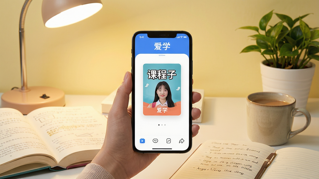 主体:用户正在使用爱学App学习,手机屏幕显示课程视频,旁边有笔记本与咖啡杯。布局:手机居中,屏幕内容清晰可见,周围布置书本、台灯、绿植,营造学习氛围。排版:场景式构图,手机屏幕为视觉焦点,其他物品辅助点缀。风格:写实生活风格,光线柔和,色调温暖,背景为浅黄色。细节:手机屏幕上显示“爱学”字样与课程封面,笔记本上有手写笔记。画质:高清,干净,无多余元素。