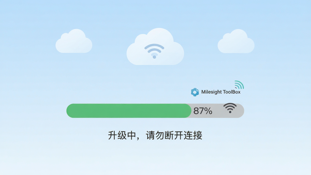 画面主体为手机屏幕显示固件升级进度条,进度为87%,下方有“升级中,请勿断开连接”提示文字;背景为淡蓝色渐变,上方漂浮着云朵图标;布局居中,进度条醒目;风格为简洁扁平化,细节包含“Milesight ToolBox”标识和Wi-Fi图标;画质清晰,无多余元素。