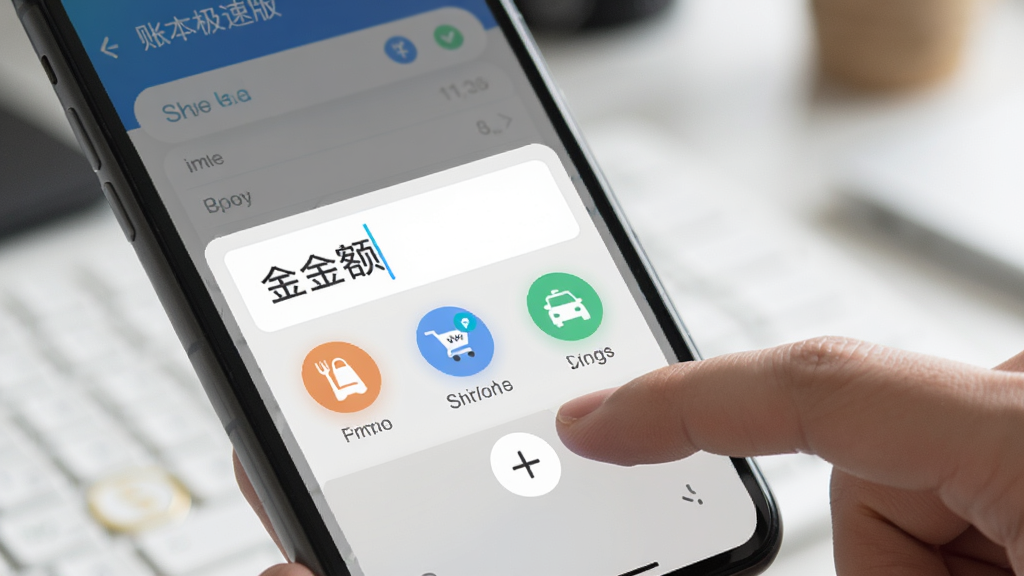 一张展示“账本极速版”极速记账功能的预览图,画面中手指点击手机屏幕上的“+”按钮,弹出金额输入框和常用分类图标,如餐饮、购物、交通,背景虚化,突出操作便捷性,风格写实、清晰、干净无多余元素