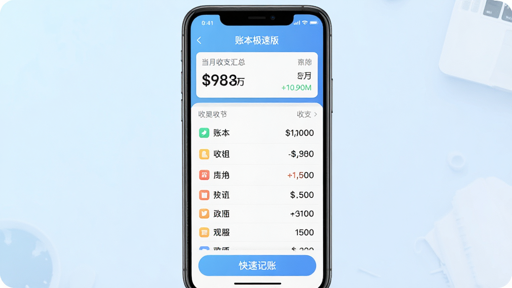 一幅展示智能手机屏幕的图片,屏幕上是“账本极速版”的主界面,界面简洁明亮,顶部显示当月收支汇总,中部是分类清晰的收支列表,底部有快速记账按钮,背景是淡雅的浅蓝色渐变,整体风格现代、干净、无多余元素,画质高清
