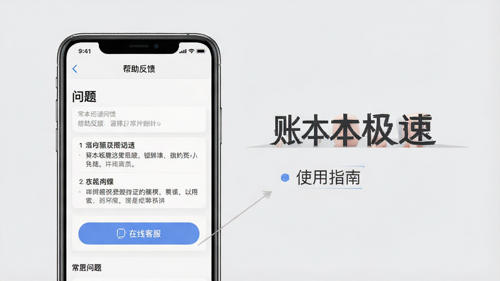 一张“账本极速版”使用指南的配图,画面中手机屏幕显示“帮助反馈”页面,有常见问题列表和在线客服按钮,背景为浅灰色,风格简洁、干净、无多余元素