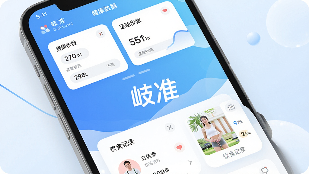 一幅展示岐准APP主界面的高清渲染图,界面包含健康数据仪表盘、运动步数环、饮食记录卡片,整体采用蓝白渐变主色调,卡片圆角设计,排版简洁现代,风格清新明亮,画质细腻干净,无多余元素,屏幕中央显示“岐准”字样