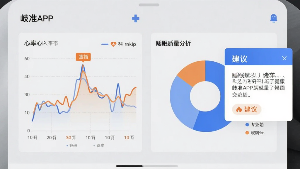 岐准APP健康监测功能界面预览图,展示心率曲线图与睡眠质量分析饼图,背景为浅灰色,图表用蓝橙双色区分,右侧有“建议”弹窗卡片,布局扁平化,风格专业简洁,画质清晰干净,无多余元素