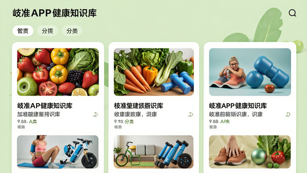 岐准APP健康知识库界面预览,展示文章列表与分类标签,封面图包含水果蔬菜、运动器材等元素,背景为浅绿色,卡片式布局,标题字体加粗,风格清新自然,画质锐利清晰,无多余元素