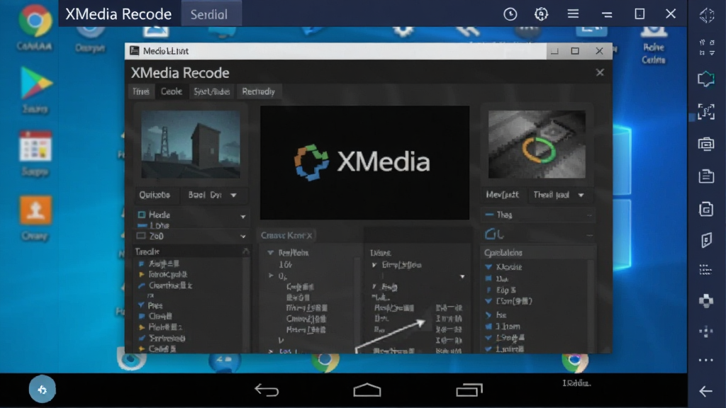 一张展示XMedia Recode软件在安卓模拟器中运行的截图,模拟器界面显示软件主界面,下方是安卓虚拟按键,背景为桌面,整体画质清晰,风格真实,无多余元素