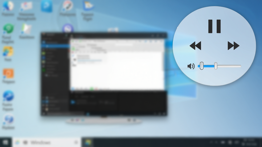 Windows Media Player 控制器悬浮窗效果图,显示一个圆形半透明小窗悬浮在桌面右上角,包含播放/暂停、上一曲、下一曲图标,下方有音量调节滑块,背景为虚化的电脑桌面,整体风格简约清晰,突出悬浮窗的便捷性,画面干净无多余元素,高清画质