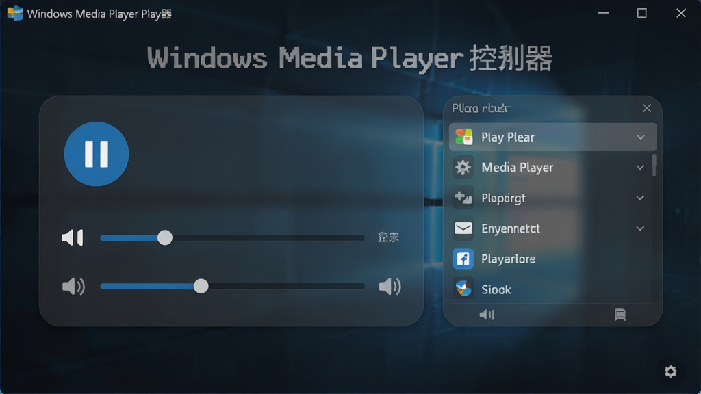 Windows Media Player 控制器软件主界面截图,展示简洁的控制面板,包含播放/暂停按钮、进度条、音量滑块和播放列表区域,背景为深色半透明磨砂玻璃效果,现代扁平化设计风格,清晰标注“Windows Media Player 控制器”字样,画面干净整洁,无多余元素,高清画质