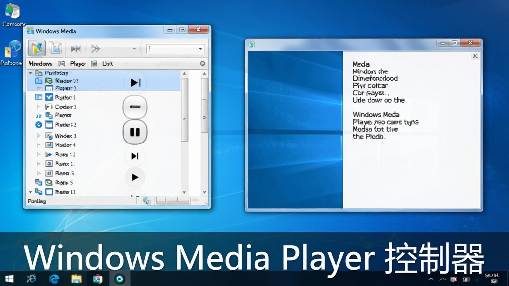 Windows Media Player 控制器使用指南示意图,展示软件在电脑桌面上的运行场景,包含悬浮窗、播放列表、歌词显示,桌面上有工作窗口,整体画面专业清晰,标注“Windows Media Player 控制器”字样,画质干净,无多余元素