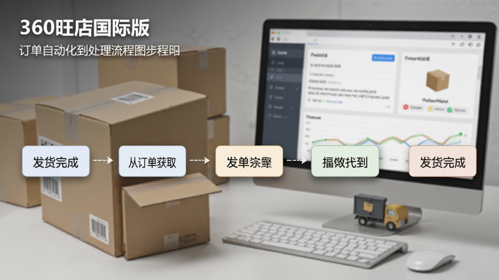 360旺店国际版订单自动化处理流程图,展示从订单获取到发货完成的步骤,背景为物流包裹与电脑界面,风格写实,布局清晰,色彩柔和,细节丰富,画质干净
