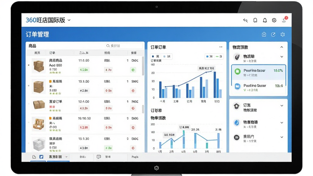一张360旺店国际版在电脑屏幕上显示多平台订单管理界面的高清截图,界面包含商品列表、订单图表和物流跟踪模块,整体布局清晰,蓝白配色,风格简洁现代,细节丰富,画质清晰,干净无多余元素