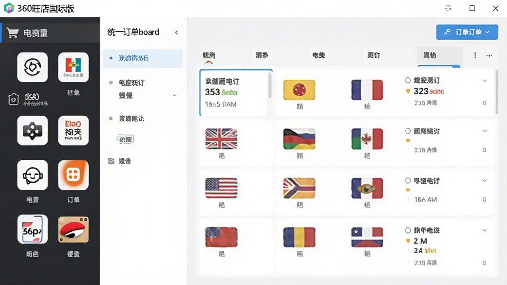 360旺店国际版软件界面展示多个电商平台图标排列在左侧导航栏,右侧为统一订单看板,包含各国国旗标识,布局对称,配色明亮,扁平化设计,细节清晰,画质高清,无多余元素