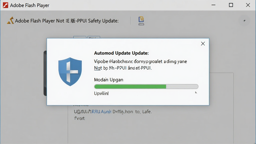 主体为Adobe Flash Player非IE版-PPAPI安全更新界面,布局展示自动更新提示弹窗,排版简洁,风格现代,细节有盾牌图标和更新进度条,画质干净,无多余元素