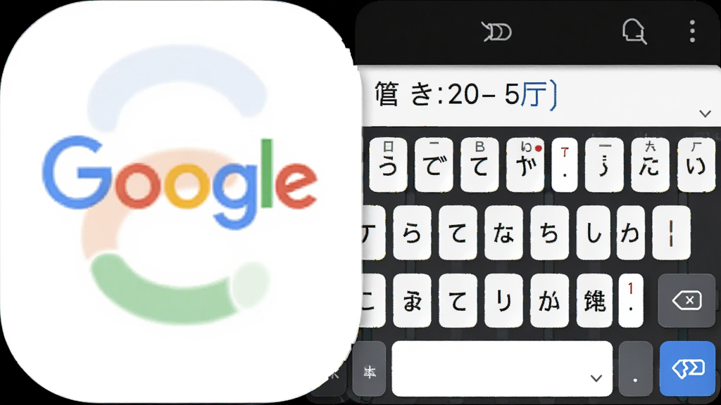 主体为谷歌日语输入法图标与键盘界面的合成图,布局为左侧图标右侧展开的虚拟键盘,排版干净清爽,风格为扁平化现代科技感,细节包含日文假名按键与中文输入预览条,画质高清,干净无多余元素