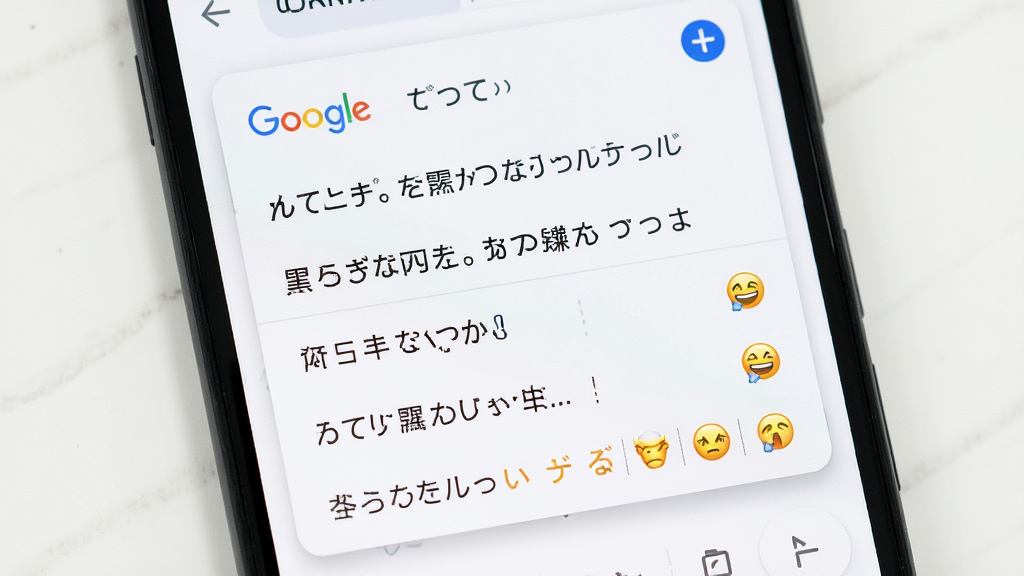 主体为手机屏幕展示谷歌日语输入法词汇联想列表,布局为列表式下拉菜单,排版简洁,风格为移动端UI设计,细节展示长句联想与表情符号候选,画质细腻,干净无多余元素