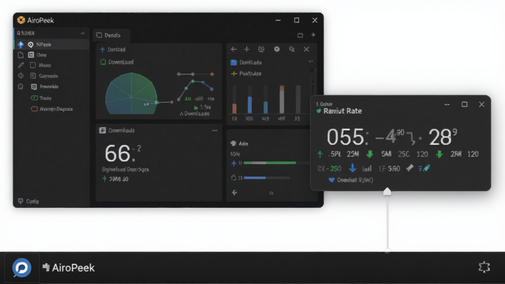 ���壺AiroPeek��������ʱ��ϵͳ����ͼ�����̨��ؽ��棻���֣����½�����ͼ�꣬�Ա�����������ʾʵʱ���ʣ��Ű棺������ˣ������ɫϵ��ϸ�ڣ���������ʾ�ϴ������ٶȣ����ʣ����壬�ɾ�