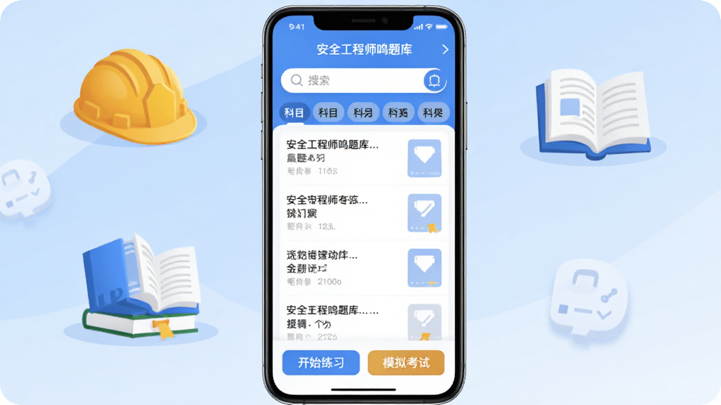 画面主体为一部智能手机屏幕显示“安全工程师鸣题库”应用界面,背景为浅蓝色渐变,搭配安全帽与书本图标,界面布局简洁,上方有搜索栏和科目分类标签,中间是题目列表与答题卡样式,底部为“开始练习”“模拟考试”按钮,整体风格清新专业,插画风,高画质,干净,无多余元素。