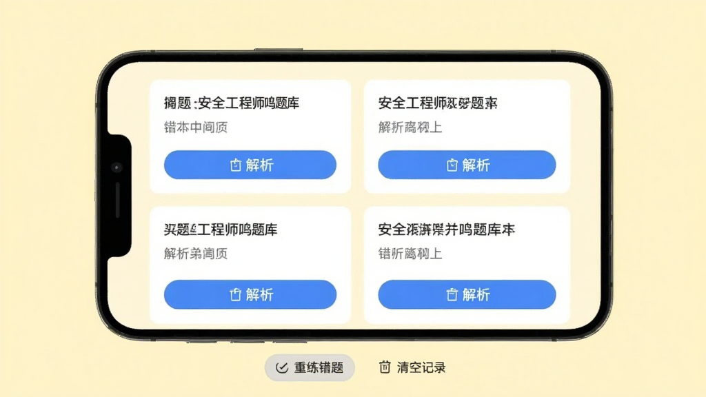 画面主体为手机屏幕展示“安全工程师鸣题库”错题本界面,背景为淡黄色,错题列表以卡片形式排列,每张卡片显示题目摘要与解析按钮,底部有“重练错题”“清空记录”按钮,布局整洁,风格简约,画质干净,无多余元素。
