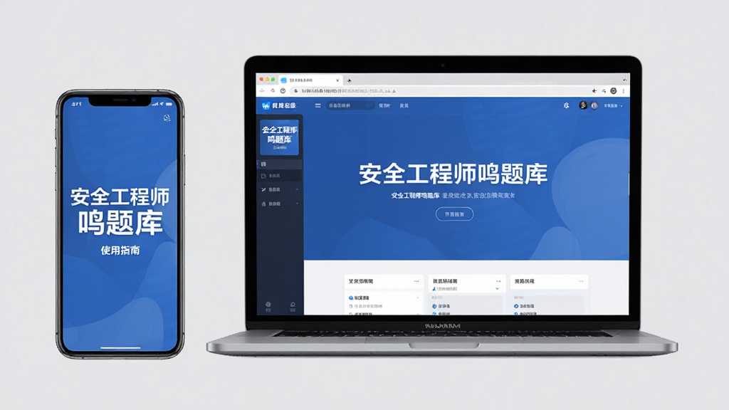 画面主体为一部手机与一台笔记本电脑并排放置,手机屏幕显示“安全工程师鸣题库”使用指南界面,电脑屏幕显示同款软件网页版界面,背景为浅灰纯色,布局简洁,风格商务,画质高清,干净,无多余元素。