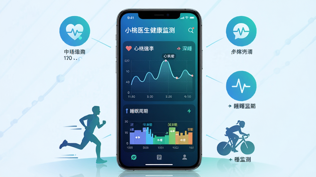 主体:智能手机展示小桃医生健康监测功能界面,屏幕上显示心率曲线和睡眠周期图,旁边有跑步和骑车的人物剪影;布局:手机屏幕占据画面中央,四周环绕着健康数据图标;排版:数据图表为主,搭配简短的文字说明;风格:现代科技感,蓝绿色调;细节:心率曲线呈波浪状,睡眠周期图用不同颜色区分深睡、浅睡;画质:高分辨率,干净,无多余元素。