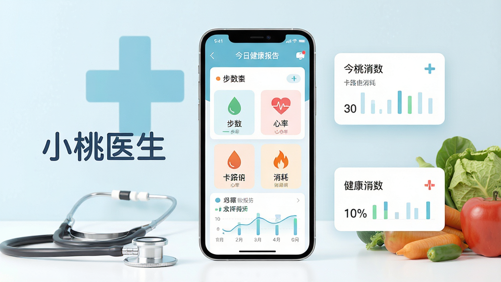 主体:小桃医生APP界面,手机屏幕中显示健康数据看板,包含步数、心率、卡路里消耗等图标,背景是温馨的淡蓝色医疗十字标志,手机旁边放着听诊器和新鲜蔬果,整体画面干净整洁;布局:手机居中,左侧有“小桃医生”文字logo,右侧有健康数据卡片悬浮;排版:卡片式布局,信息层级分明;风格:扁平化设计,色彩柔和,医疗健康风格;细节:屏幕中显示“今日健康报告”字样,数据图表清晰可见;画质:高清渲染,干净,无多余元素。