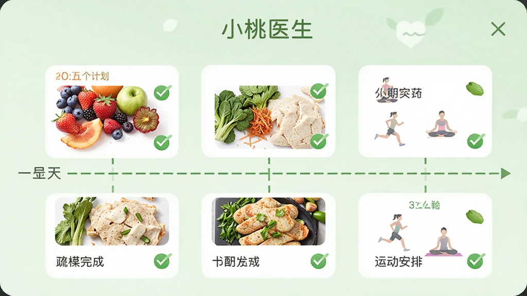 主体:小桃医生APP的个性化计划页面,展示一周的饮食和运动安排,包含水果、蔬菜、鸡胸肉等健康食物图片和跑步、瑜伽等运动图标,界面背景为浅绿色;布局:计划清单以时间轴形式呈现,上面有“小桃医生”字样;排版:图文结合,清晰明了;风格:清新自然,健康生活风;细节:每个计划项都有完成勾选标记,日期标注清楚;画质:画面干净,无多余元素。