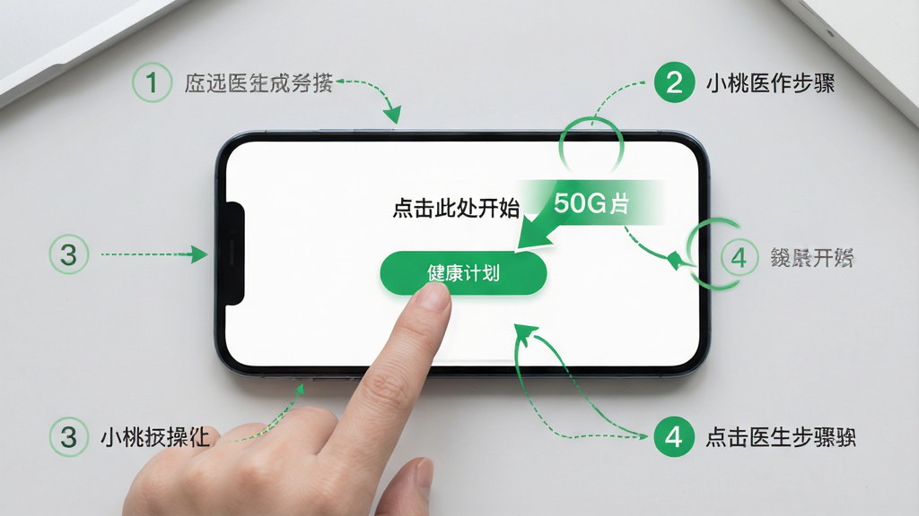 主体:手机横屏展示小桃医生APP操作界面,手指点击“健康计划”按钮,屏幕上有操作提示箭头,背景为简洁的浅灰色桌面;布局:手机居中,周围有操作步骤的序号标注;排版:步骤式引导,清晰易懂;风格:教学风,绿色高亮提示;细节:屏幕显示“点击此处开始”字样;画质:高清,干净,无多余元素。