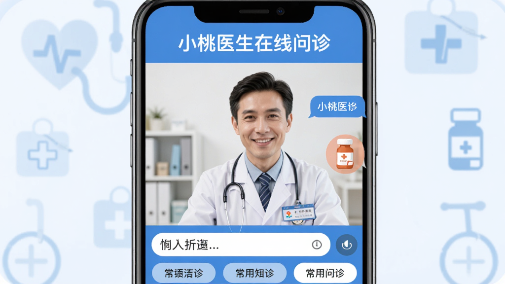 主体:小桃医生APP在线问诊界面,屏幕中显示医生视频通话画面,医生穿着白大褂,面带微笑,旁边有对话气泡和药品图标,背景是手机和医疗图标;布局:手机屏幕占据画面主要位置,上方有“小桃医生在线问诊”字样;排版:视频窗口为主,下方有文字输入框和常用短语按钮;风格:专业医疗风,蓝色调;细节:医生胸前有工作牌,视频画质清晰;画质:干净,无多余元素。