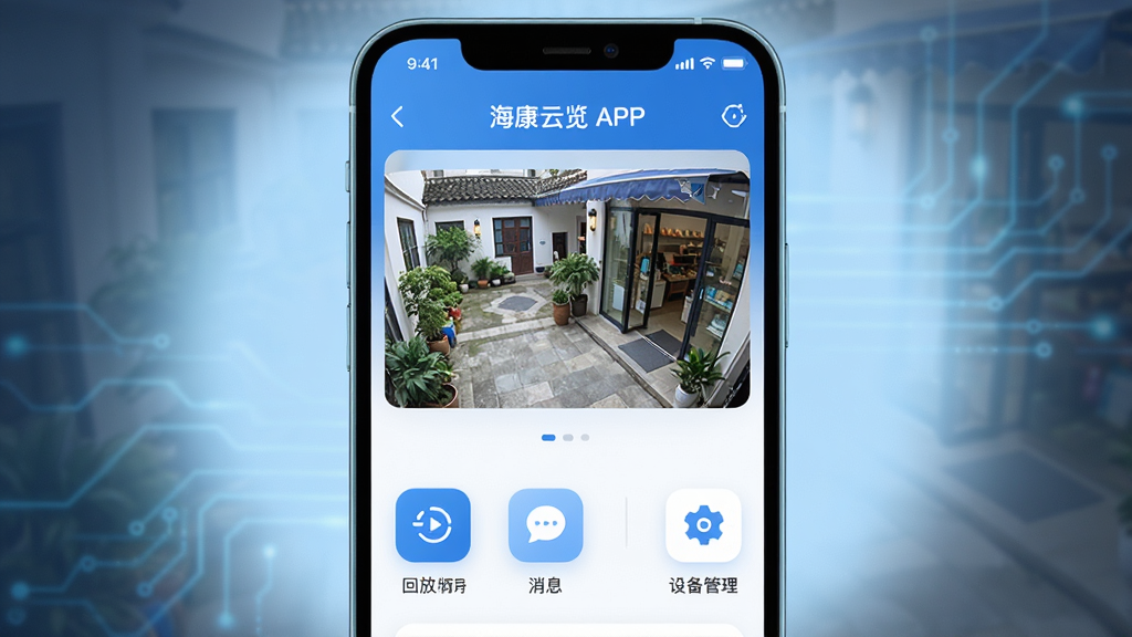 主体:手机屏幕展示海康云觅APP主界面,画面中央为高清监控视频流,下方有功能图标。布局:手机居中,界面清晰,周围有柔和的浅蓝色背景光效。排版:界面元素排列整齐,图标圆润,文字标签清晰可读。风格:现代科技感,扁平化设计,色彩以蓝白为主。细节:视频画面显示庭院或店铺场景,清晰无噪点;图标包含回放、消息、设备管理等。画质:4K超清渲染,干净无多余元素。