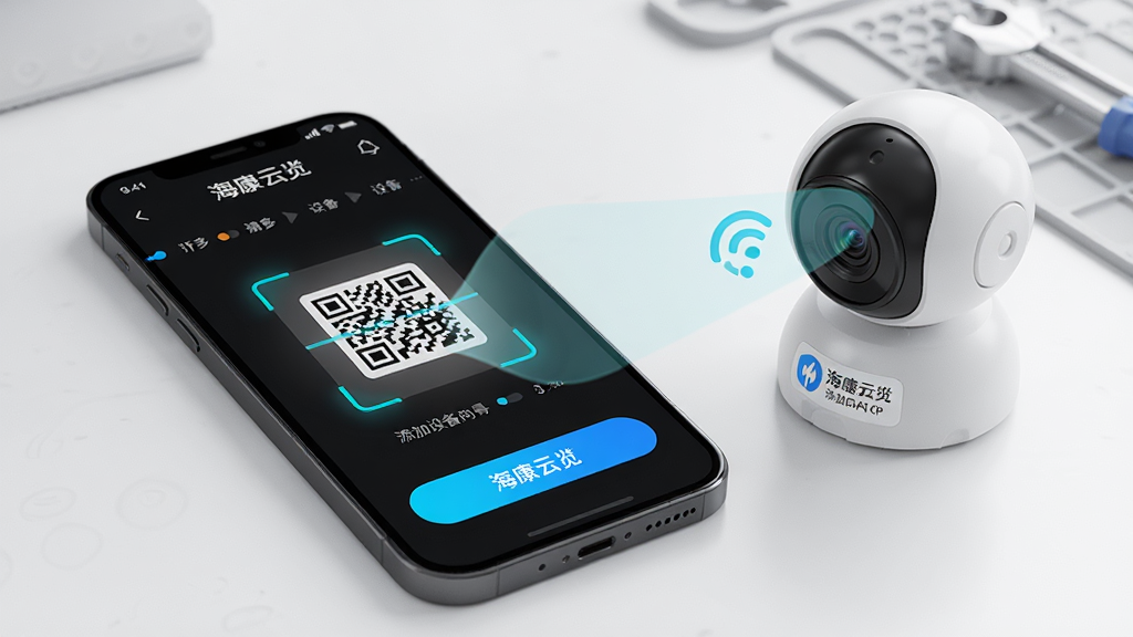 主体:智能手机界面显示海康云觅APP添加设备向导页面,有扫描二维码动画。布局:手机斜放,旁边有小型无线摄像机模型,背景为干净的工作台。排版:屏幕内步骤条清晰,按钮高亮。风格:明亮简洁,偏写实风。细节:二维码扫描框对准摄像机标签,Wi-Fi图标显示已连接。画质:高清渲染,干净无多余元素。