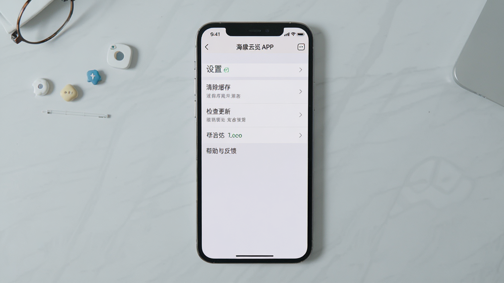 主体:手机画面显示海康云觅APP设置页面,有“帮助与反馈”选项。布局:手机居中,背景为浅灰色桌面。排版:设置列表清晰,有箭头指示。风格:简洁扁平。细节:屏幕中显示“清除缓存”、“检查更新”等条目。画质:高清,干净。