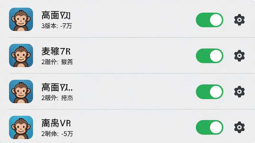 主体:猴子分身的管理界面,列表显示多个分身应用,每个应用右侧有开关按钮和设置图标。布局:列表式布局,背景为浅灰色,应用图标左侧排列。排版:每行显示应用图标、名称、版本和操作按钮。风格:简洁商务风,线条清晰。细节:开关按钮有绿色高亮,设置图标为齿轮状,界面有细腻的分隔线。画质:高清,干净无多余元素。