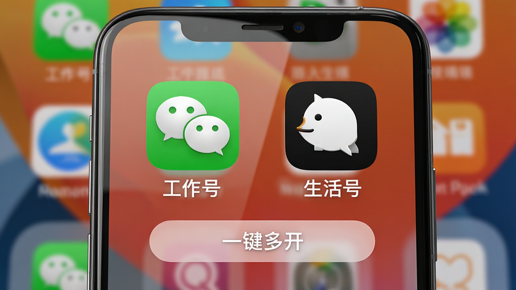 主体:手机屏幕显示微信和QQ两个应用各出现两个图标,分别标注“工作号”和“生活号”。布局:手机居中,屏幕内容清晰可见,背景为桌面壁纸。排版:两个应用图标并排,下方有“一键多开”按钮。风格:写实风格,光线自然。细节:图标有立体感,屏幕玻璃反光,周围有模糊的桌面图标。画质:高清,细节丰富,干净无多余元素。