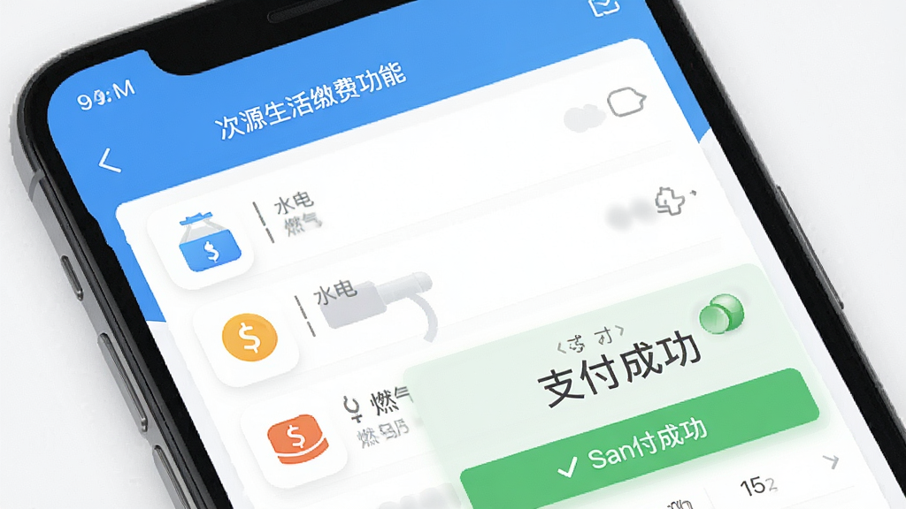 次源生活缴费功能界面,主体为手机页面展示缴费列表,布局包含水电燃气图标,风格清爽,细节有支付成功提示,画质清晰干净,无多余元素