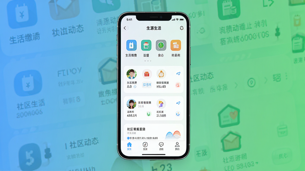 次源生活APP界面预览图,主体为手机屏幕展示应用主页面,布局清晰展示功能图标,风格简约现代,细节包括生活缴费、社区动态等模块,画质高清干净,无多余元素