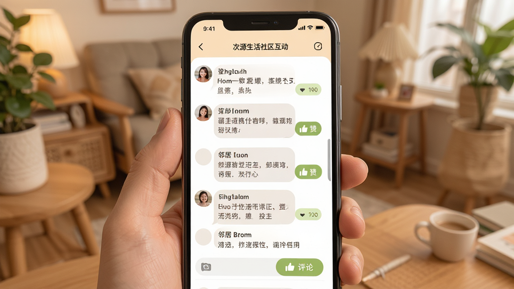 次源生活社区互动界面,主体为手机聊天式界面展示邻居发言,布局有帖子列表,风格温馨,细节包括点赞评论按钮,画质干净无多余元素