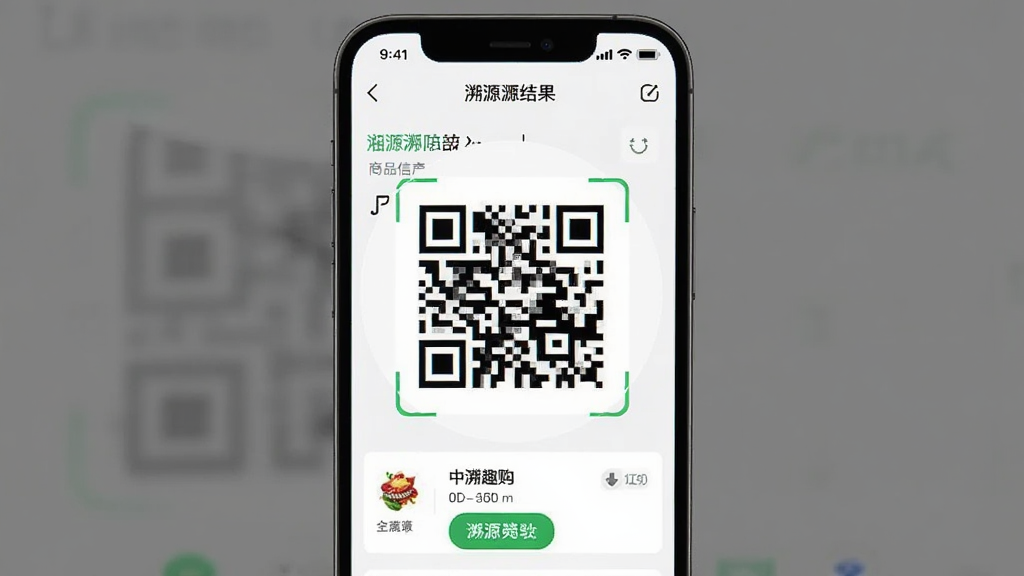 一张展示中溯趣购APP扫码溯源功能的界面截图,主体为手机屏幕,屏幕上显示一个放大的二维码和溯源结果页面,布局清晰,风格简洁,细节包括商品信息和验证图标,画质高,干净无多余元素