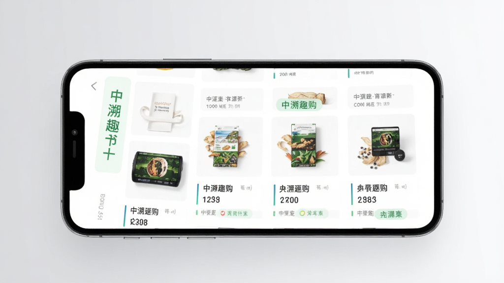 一张展示中溯趣购APP界面的高清图片,主体为智能手机屏幕,屏幕上显示商品列表和溯源信息,采用居中布局,背景为浅灰色渐变色,整体风格简约现代,细节包括清晰的商品图片和溯源标签,画质清晰,干净无多余元素