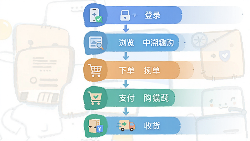一张展示中溯趣购APP使用流程的流程示意图,主体为步骤图标,从上到下依次为登录、浏览、下单、支付、收货,布局清晰,风格扁平化,细节包括图标和文字标签,画质干净,无多余元素