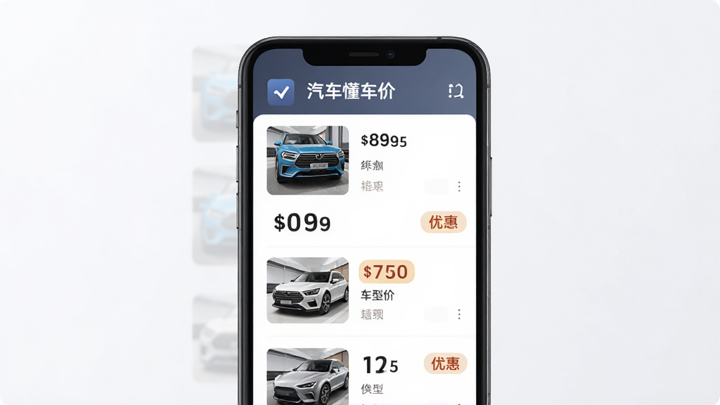汽车懂车价APP界面预览图,主体为手机屏幕展示车辆价格列表,布局简洁清晰,排版突出价格数字与车型名称,风格现代商务,细节包含车辆缩略图与优惠标签,画质高清干净,无多余元素,文字标注“汽车懂车价”