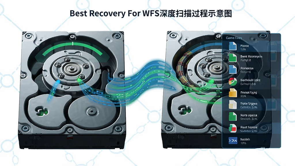 主体:Best Recovery For WFS深度扫描过程示意图,硬盘内部结构透视;布局:左侧为扫描状态指示,右侧为发现文件列表;排版:数据流线动态展示;风格:科技蓝与数据绿结合;细节:扫描进度百分比清晰显示,文件类型以彩色图标区分;画质:细腻逼真,干净无多余元素。