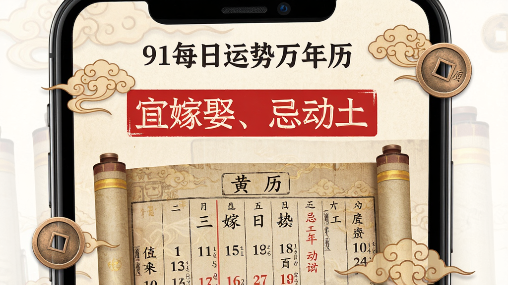 一幅“91每日运势万年历”功能特写图,主体为手机屏幕放大展示的黄历详情页,页面顶部红色字体标注“宜嫁娶、忌动土”,下方配以细腻的古代黄历卷轴背景纹理,四周点缀祥云与铜钱图案,排版古典雅致,画质清晰干净,无多余元素