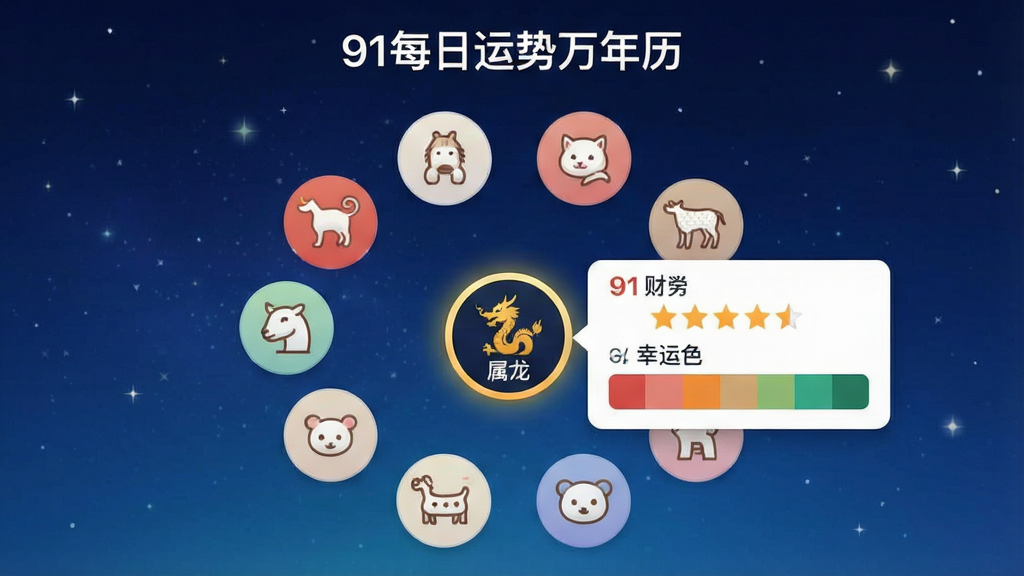 一张“91每日运势万年历”生肖运势板块的界面截图设计图,画面中央为十二个圆形生肖图标环绕排列,其中“属龙”图标高亮显示并弹出详细运势卡片,卡片内有财运星级评价与幸运色色块,背景采用渐变的星空蓝,整体风格现代时尚,排版层次分明,画质高清,干净无杂物