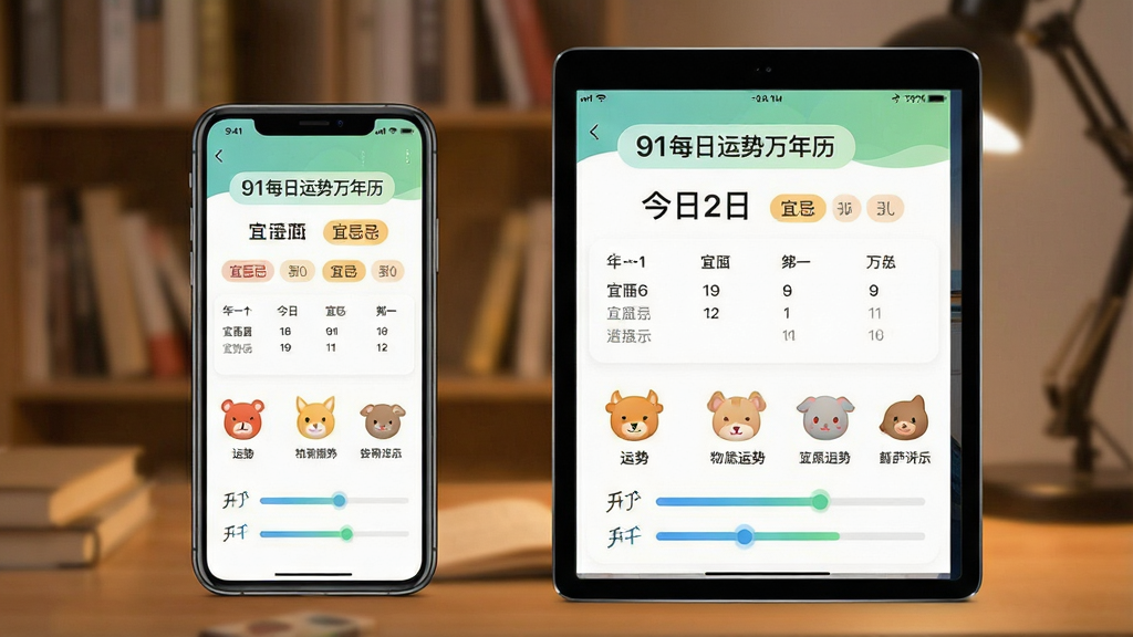 一张高清的智能手机与平板电脑并排展示的预览图,屏幕中清晰显示“91每日运势万年历”主界面,界面风格简约清新,上方展示今日日期与宜忌标签,下方配有生肖运势图标与星座进度条,背景为虚化的暖色书房环境,整体布局规整,画质细腻干净,无多余元素