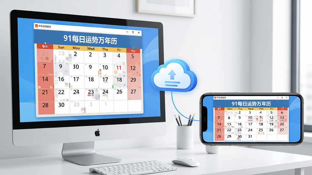 一张“91每日运势万年历”在电脑与手机端同步运行的场景图,左侧为PC显示器显示软件日历主界面,右侧为手机横屏显示相同内容,画面中央有一个云朵图标连接两端,代表数据同步,背景为简洁的现代办公桌,整体色调明亮,布局干净,画质高清,无多余元素